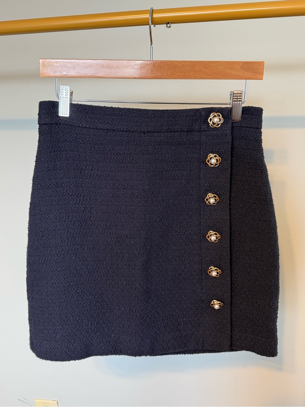 Ann Taylor Black Mini Skirt with Gold Flower Buttons